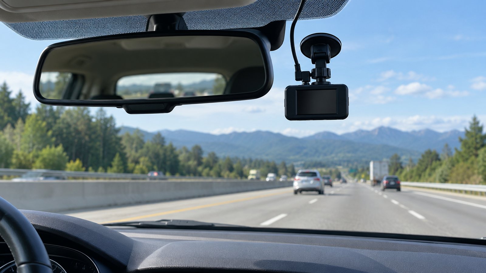Dash cam mounted behind a windshield (illustrative)