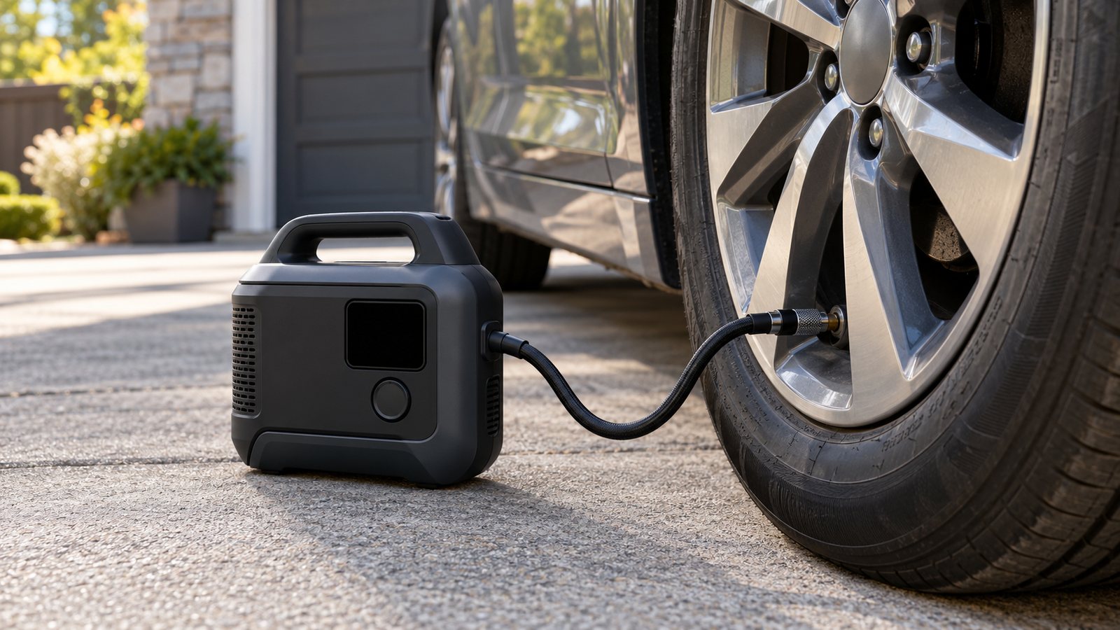 Cordless tire inflator next to a car tire (illustrative)